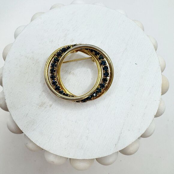 Vintage Blue Rhinestone Gold tone  Interlocking Circle Pin Brooch Pin - Picture 6 of 9